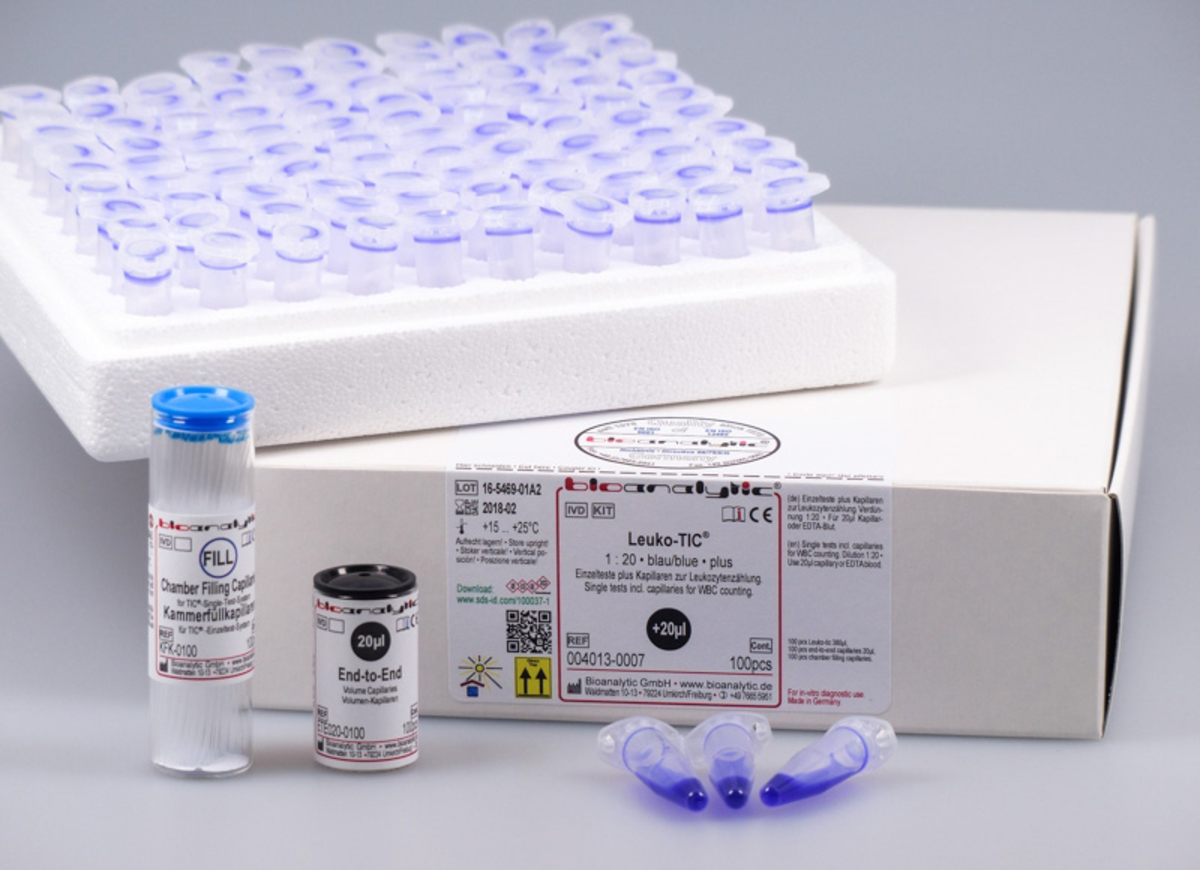 Bioanalytic Leuko-TIC® Kapillaren 1:20 'blau' (plus) 100 Stück Bioanalytic Leuko-TIC® Kapillaren 1:20 'blau' (plus) 100 Stück
